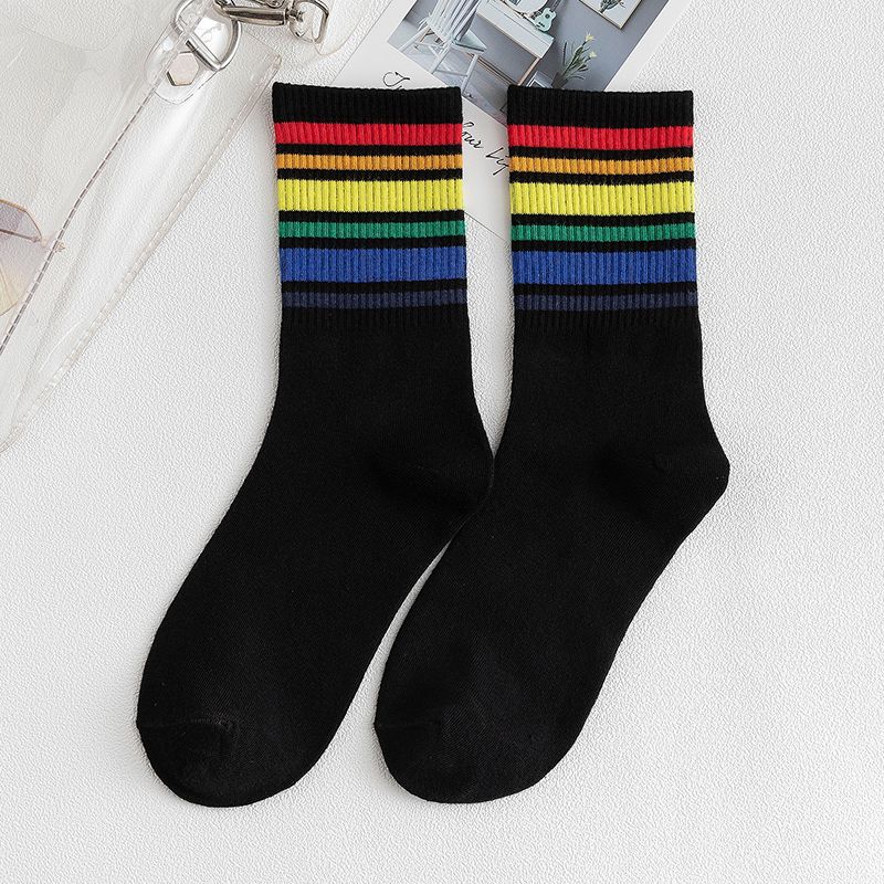 2-piece Colorful Striped Rainbow Tube Socks for Women Black