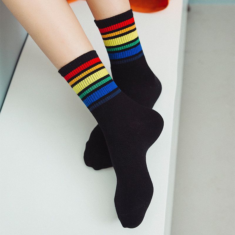 2-piece Colorful Striped Rainbow Tube Socks for Women Black big image 3