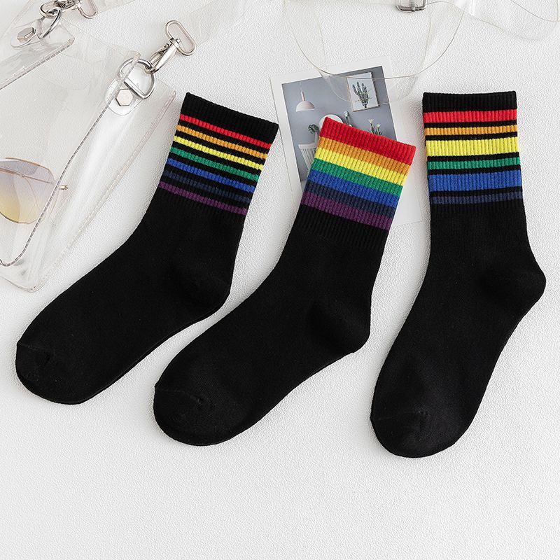 2-piece Colorful Striped Rainbow Tube Socks for Women Black big image 4