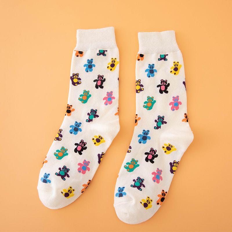 Women Allover Cute Cartoon Bear Pattern Tube Socks White