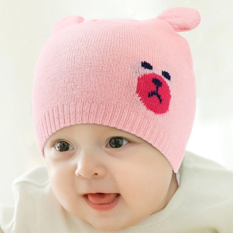 Baby Bear Design Knitted Beanie Hat Pink