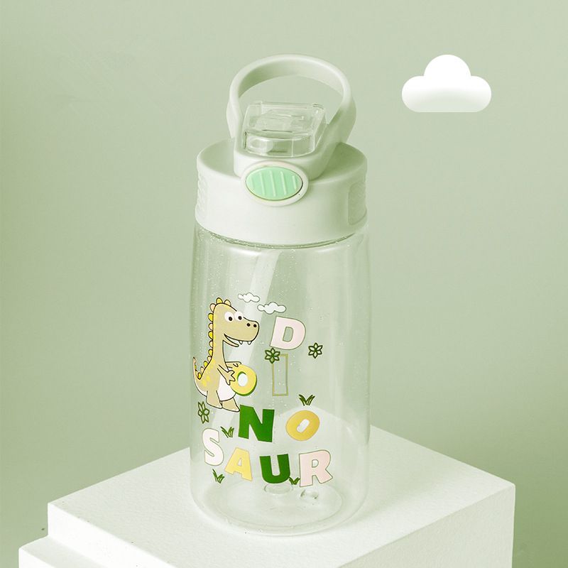 Kids Cartoon Print Straw Water Bottle Plastic Sippy Cup with Handle Easy Use for Girls and Boys Pale Green big image 1
