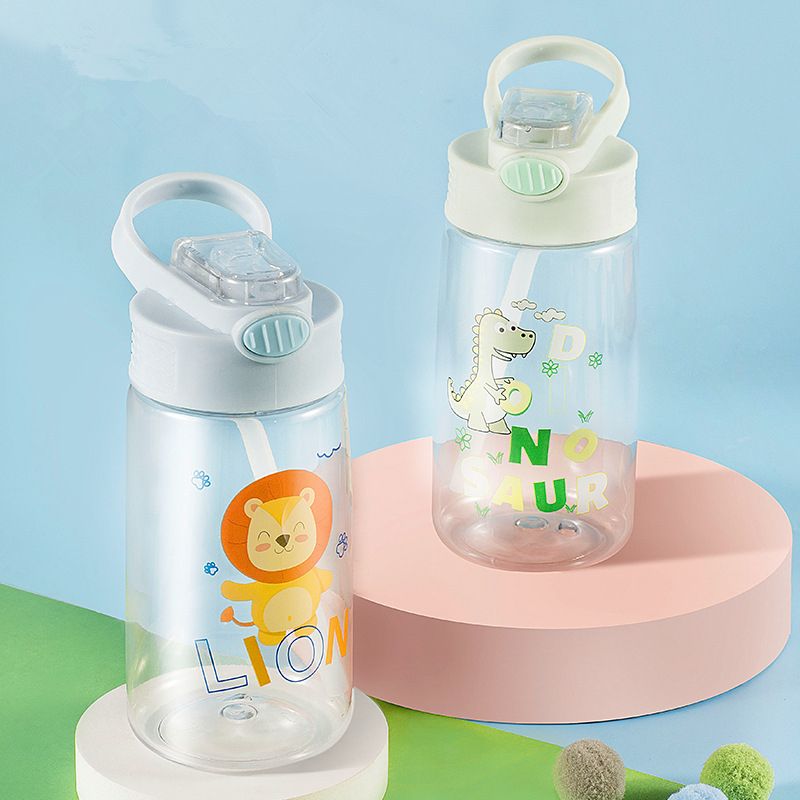 Kids Cartoon Print Straw Water Bottle Plastic Sippy Cup with Handle Easy Use for Girls and Boys Pale Green big image 3
