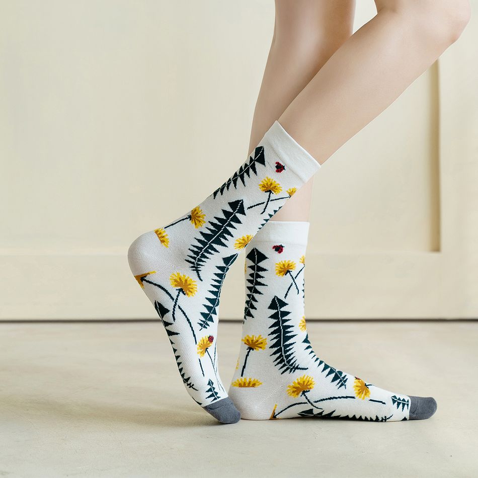 Women Cartoon Animal Plant Pattern Socks White