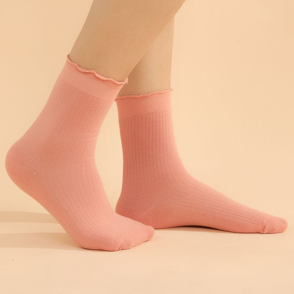 Women Lettuce Trim Solid Color Socks Pink