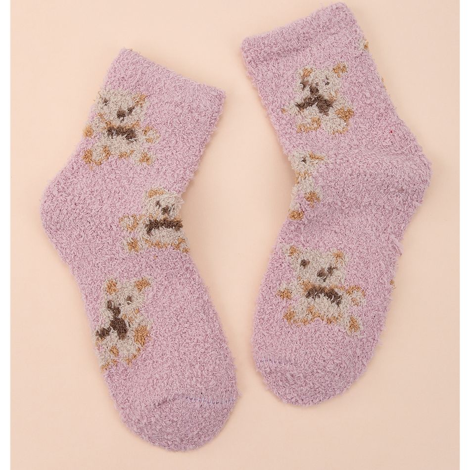 Women Cute Cartoon Bear Pattern Autumn Winter Warm Fluffy Socks Pink