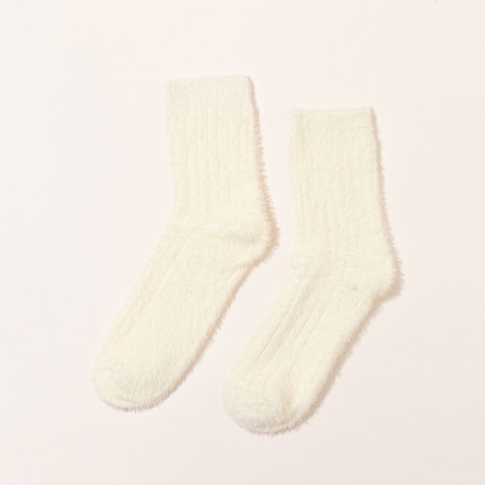 Women Pure Color Autumn Winter Warm Fluffy Socks White