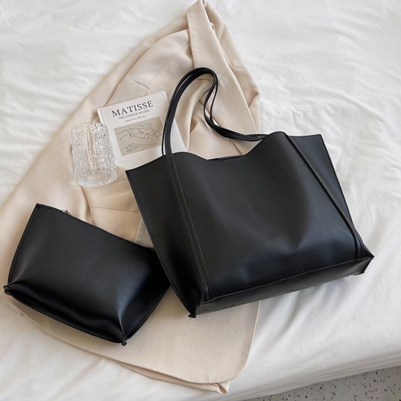 sacolas clássicas femininas de cor pura bolsas grandes e bolsas com alça superior bolsa de ombro Preto big image 3