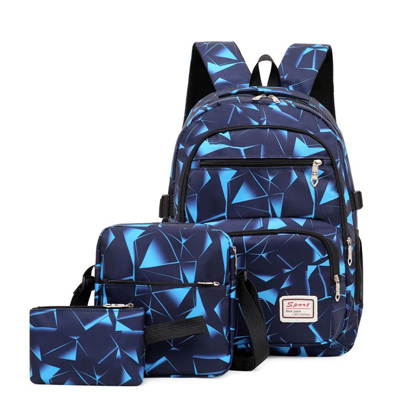 Pacote de 3 mochilas femininas com padrão geométrico, bolsa de moedas, porta-lápis, conjunto de canetas Azul Marinho