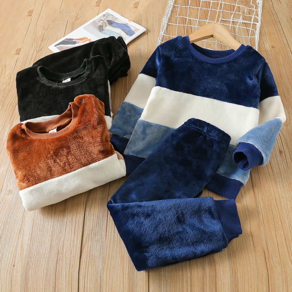 2-piece Toddler Boy Colorblock Fuzzy Flannel Fleece Pullover Sweatshirt and Solid Color Pants Set Brown big image 6