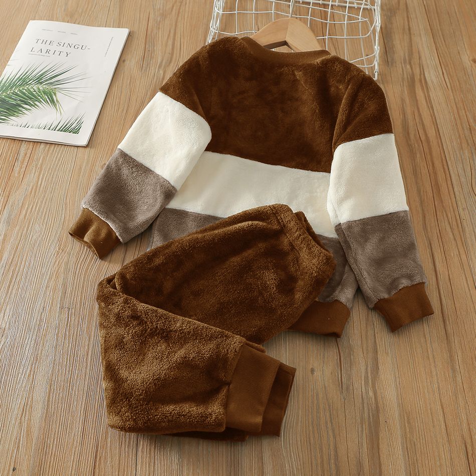 2-piece Toddler Boy Colorblock Fuzzy Flannel Fleece Pullover Sweatshirt and Solid Color Pants Set Brown big image 2