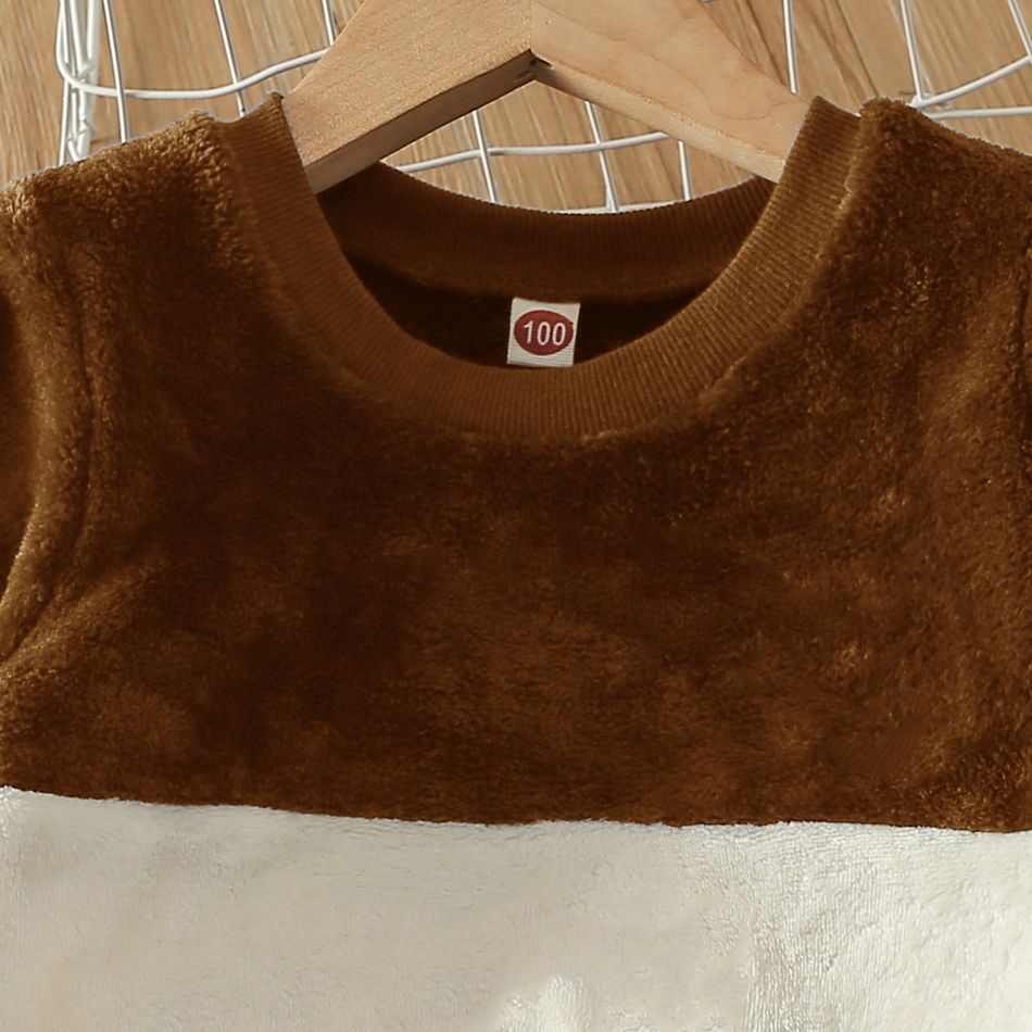 2-piece Toddler Boy Colorblock Fuzzy Flannel Fleece Pullover Sweatshirt and Solid Color Pants Set Brown big image 3
