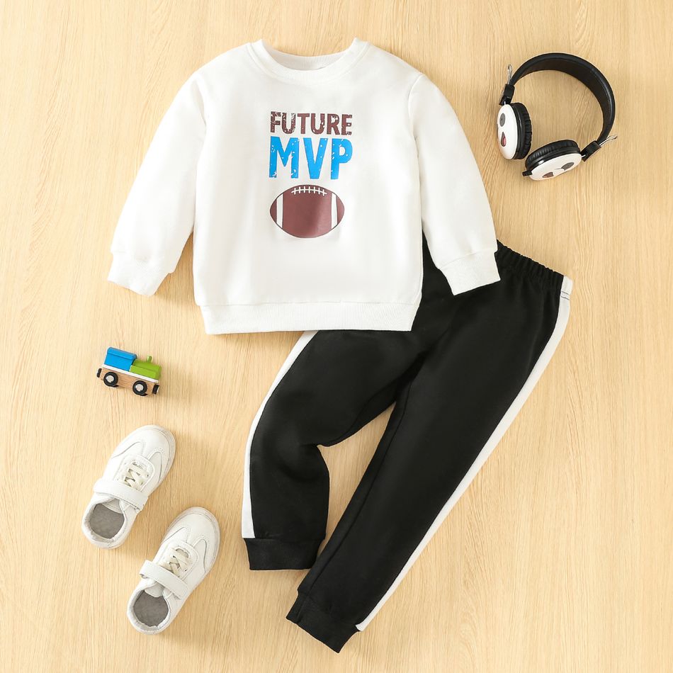 2pcs Toddler Boy Sporty Super Bowl Rugby Letter Print Sweatshirt & Pants Set White