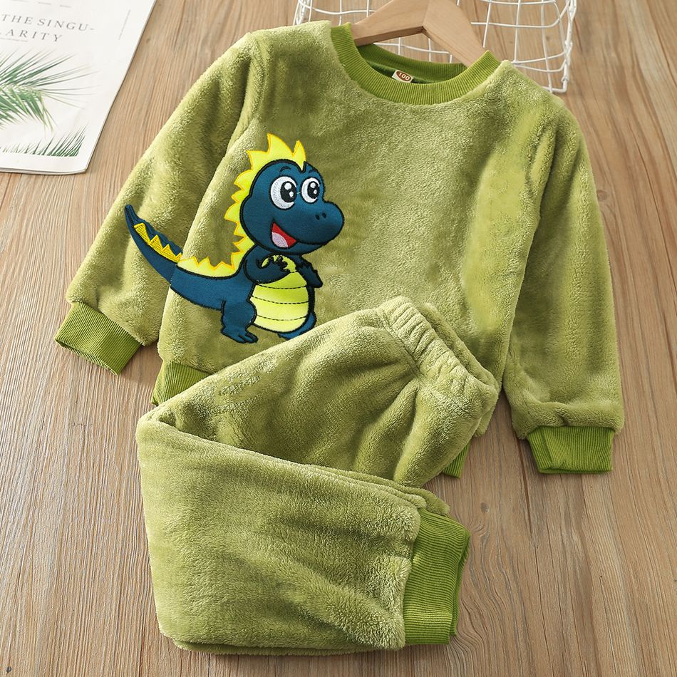 2pcs Toddler Boy Playful Dinosaur Embroidered Flannel Fleece Sweatshirt and Pants Set Green