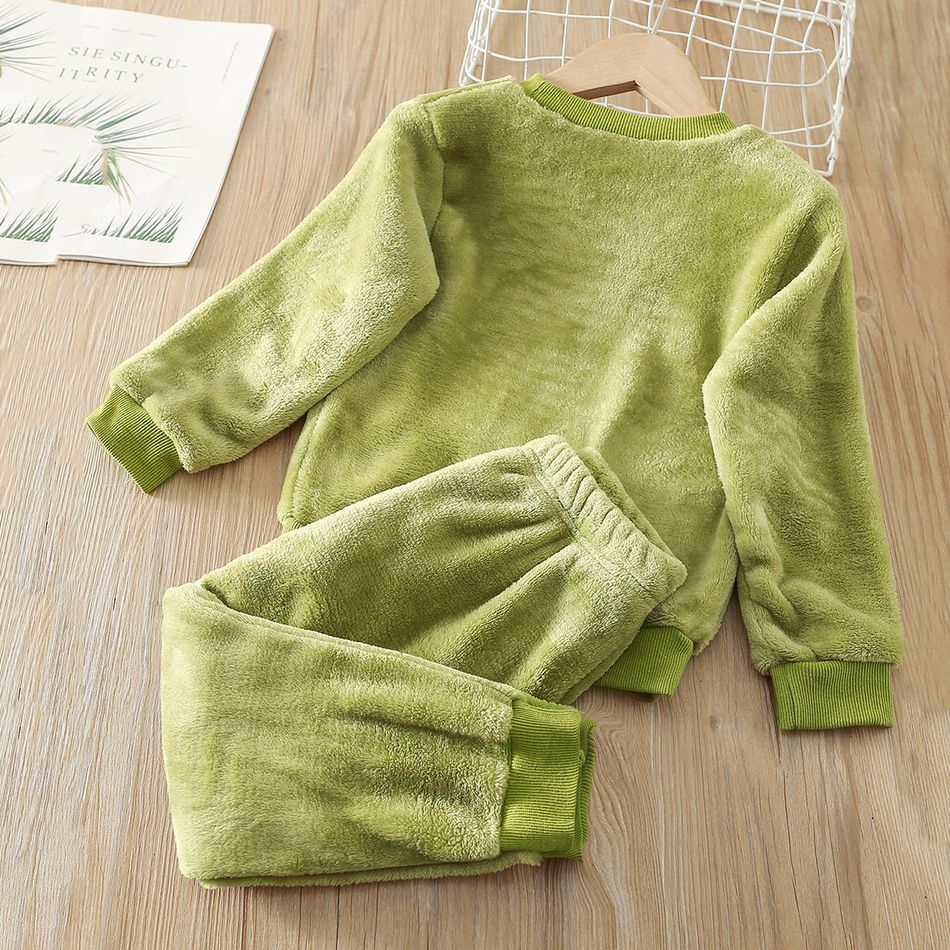 2pcs Toddler Boy Playful Dinosaur Embroidered Flannel Fleece Sweatshirt and Pants Set Green big image 2