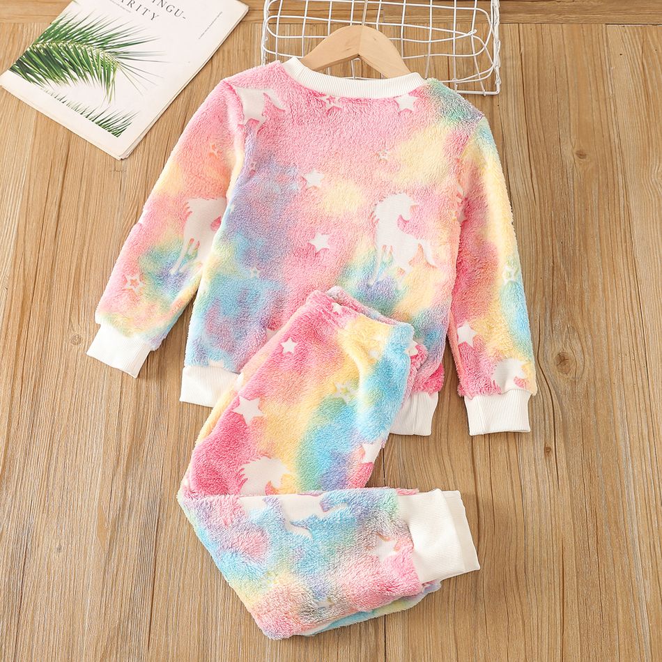 2pcs Toddler Girl Playful Tie Dyed Unicorn Pattern Flannel Fleece Sweatshirt and Pants Set Multi-color big image 2