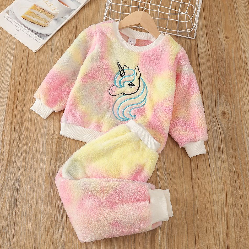 2pcs Toddler Girl Playful Sweet Unicorn Embroidered Tie Dyed Fleece Sweatshirt and Pants Set Multi-color