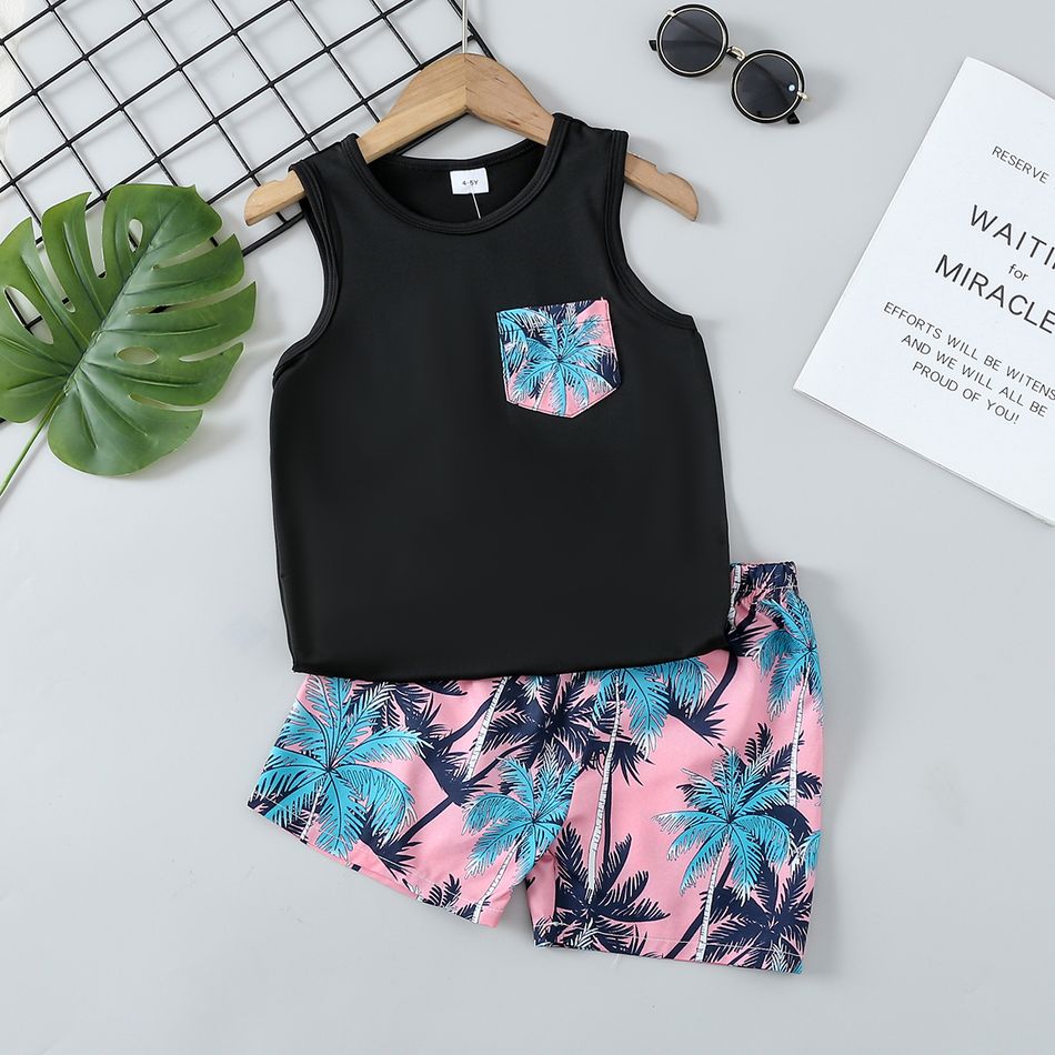 2pcs Toddler Boy Vacation Floral Print Tank Top & Quick Dry Shorts Set Black big image 1