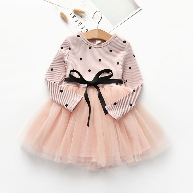 Toddler Girl Polka dots Belted Mesh Splice Long-sleeve Dress Pink