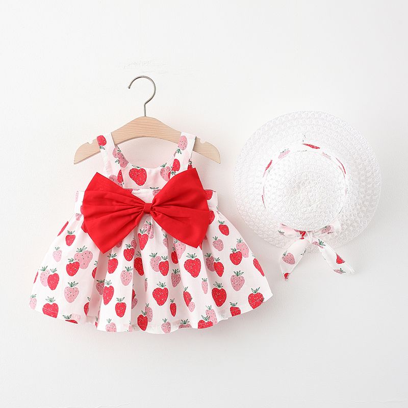 100% Cotton 2pcs Baby Girl All Over Red Strawberry Print Sleeveless Bowknot Dress with Hat Set Red big image 1