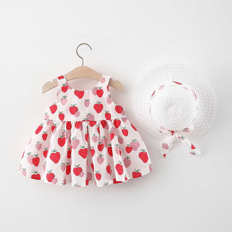 100% Cotton 2pcs Baby Girl All Over Red Strawberry Print Sleeveless Bowknot Dress with Hat Set Red big image 2