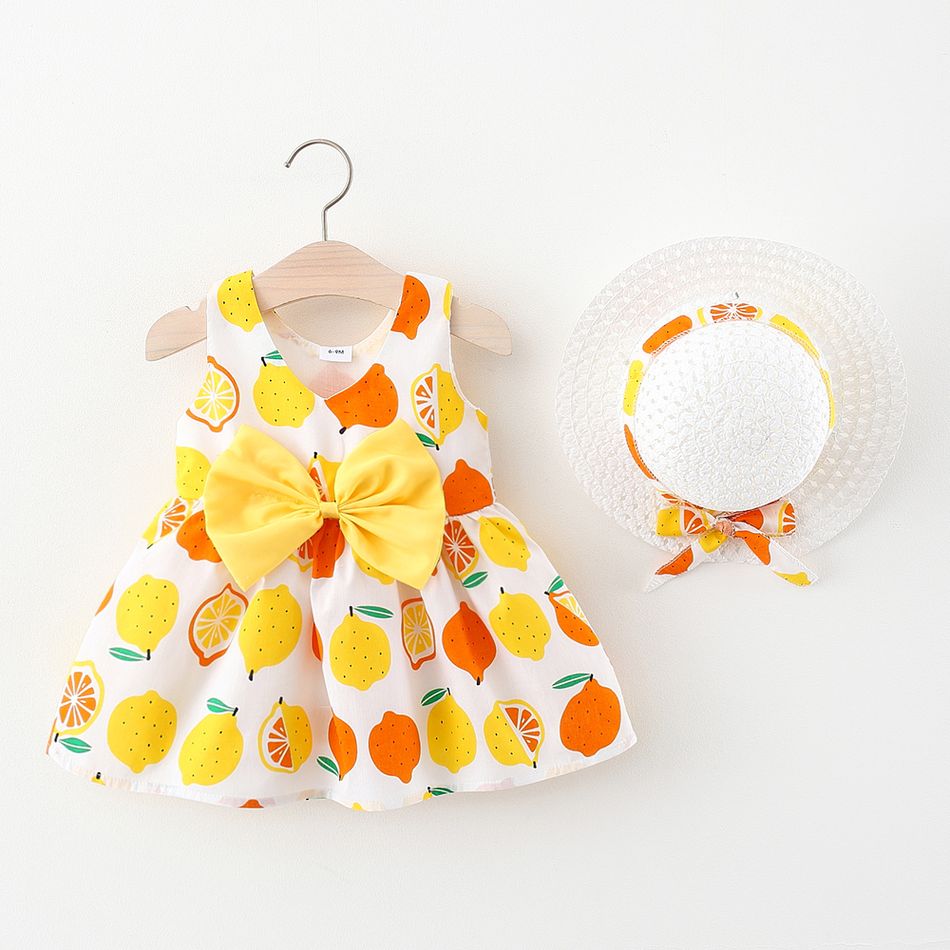 100% Cotton 2pcs Baby Girl All Over Lemon Print V Neck Sleeveless Bowknot Dress with Hat Set White