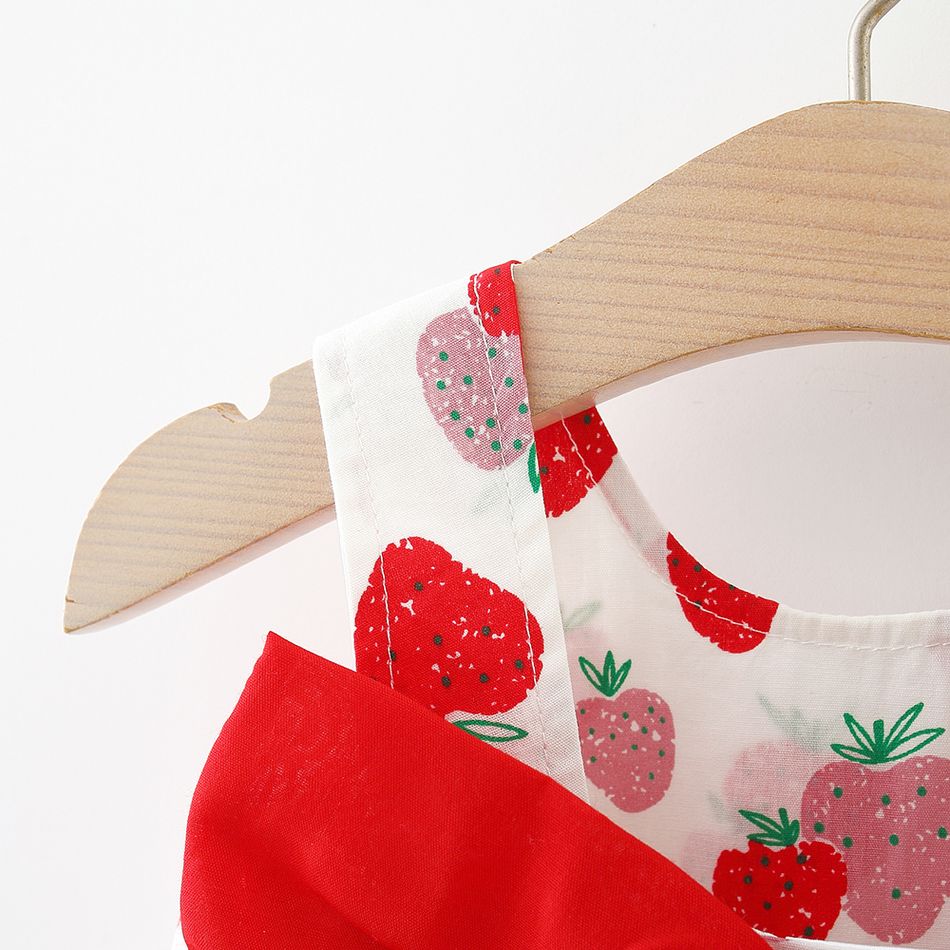100% Cotton 2pcs Baby Girl All Over Red Strawberry Print Sleeveless Bowknot Dress with Hat Set Red big image 3