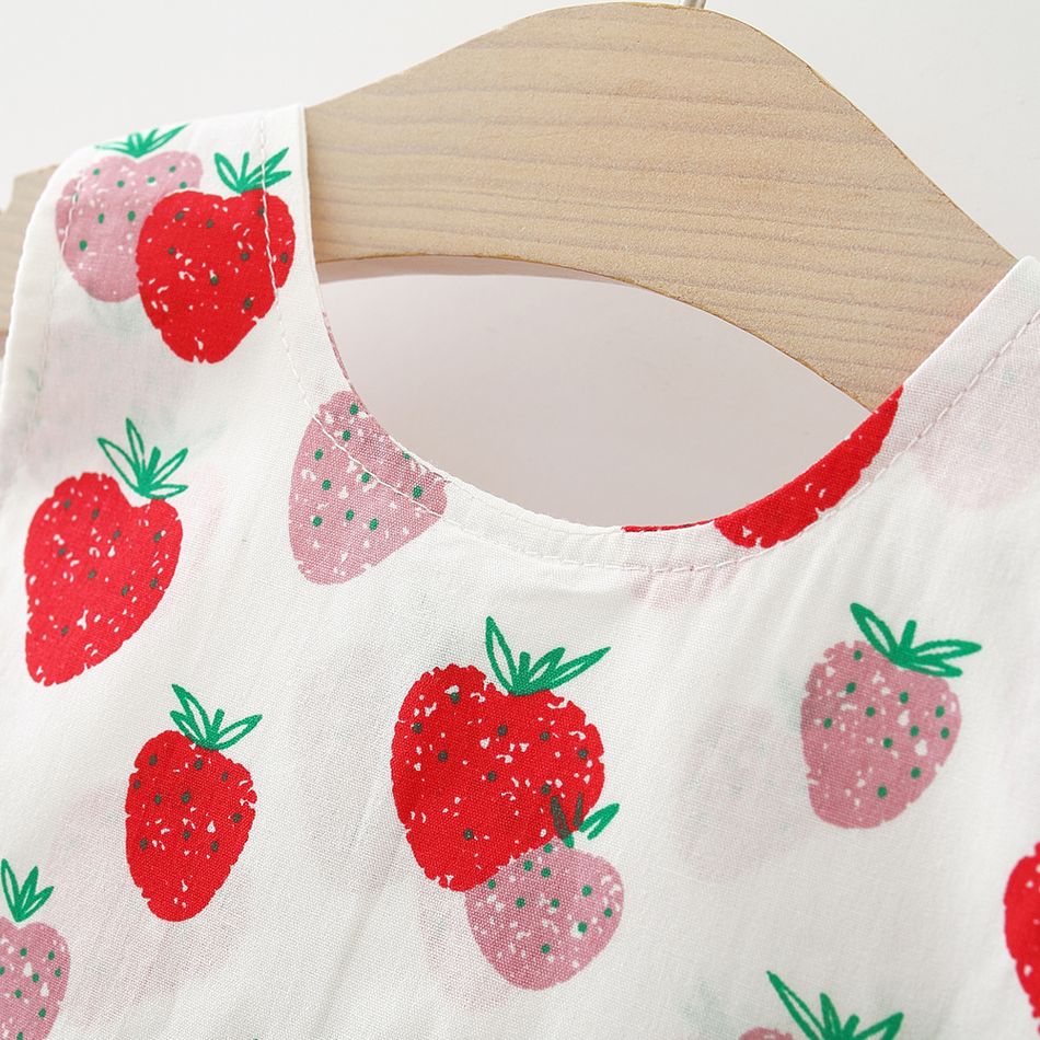 100% Cotton 2pcs Baby Girl All Over Red Strawberry Print Sleeveless Bowknot Dress with Hat Set Red big image 6