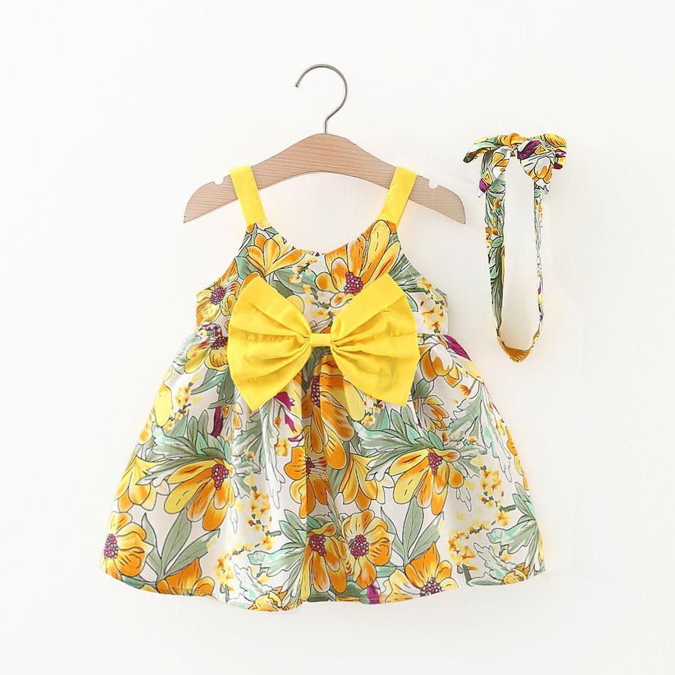 2pcs Toddler Girl Floral Print Bowknot Design Cami Dress and Headband Set Yellow
