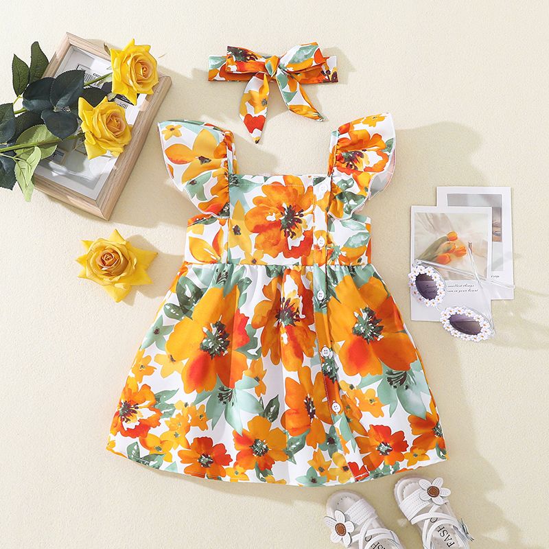2pcs Baby Girl Allover Floral Print Ruffle Trim Button Front Tank Dress with Headband Set Yellow