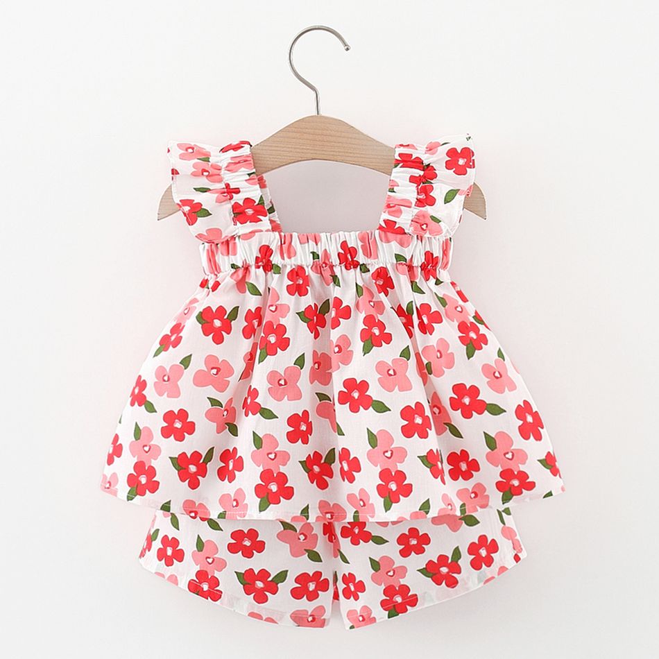 2pcs Baby Girl Bow Front Allover Floral Print Square Neck Neck Flutter-sleeve Top and Shorts Set Multi-color big image 2