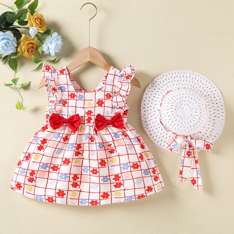 2pcs Baby Girl Bow Front Allover Floral Print Ruffle Trim Tank Dress with Straw Hat Set White