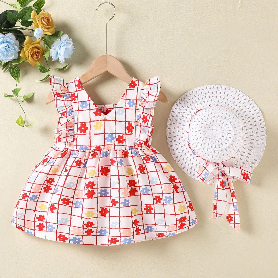 2pcs Baby Girl Bow Front Allover Floral Print Ruffle Trim Tank Dress with Straw Hat Set White big image 2