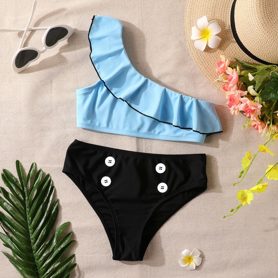 2pcs Kid Girl Flounce One Shoulder Top and Button Design Briefs Swimsuit Set Light Blue big image 1