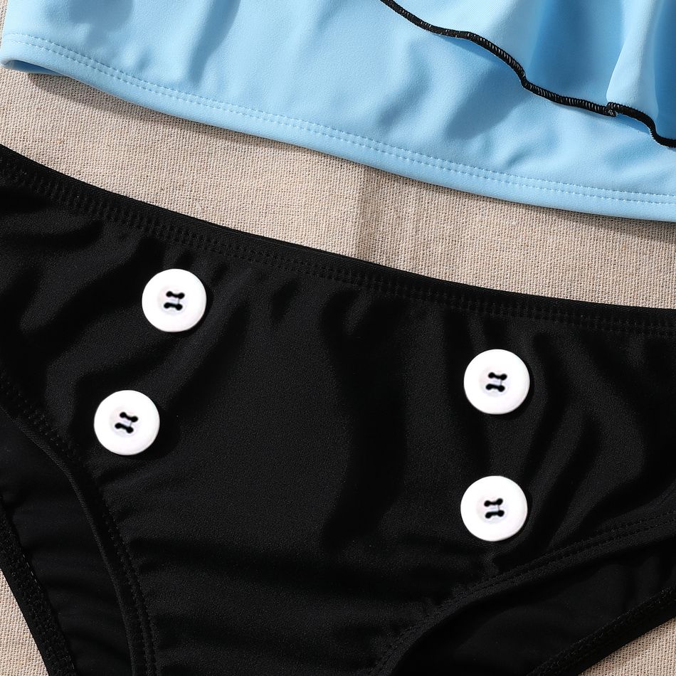 2pcs Kid Girl Flounce One Shoulder Top and Button Design Briefs Swimsuit Set Light Blue big image 5