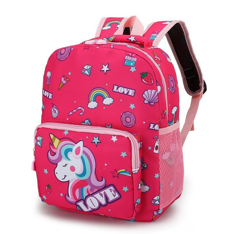 mochila infantil com estampa arco-íris de unicórnio infantil bolsa escolar quadrada Rosa Quente