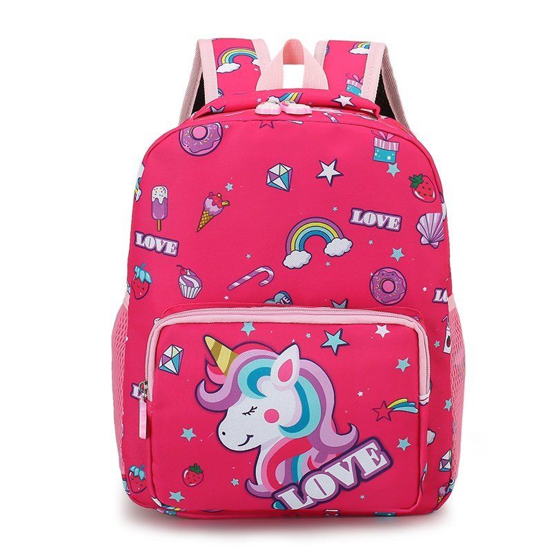 Kids Unicorn Rainbow Print Backpack Children Square School Bag Travel Bag Hot Pink