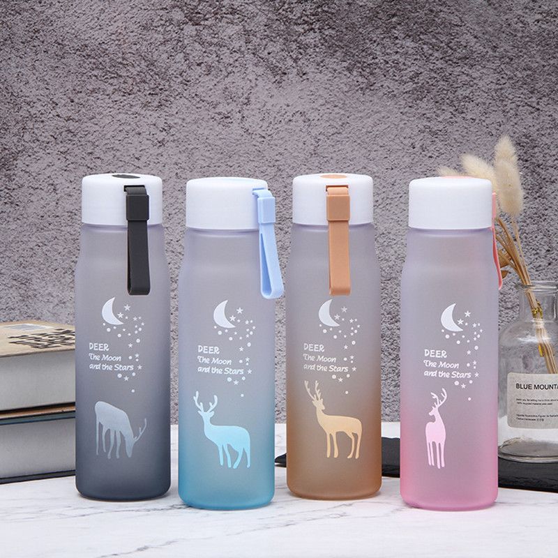 Fantasy elk gradient color frosted space cup with rope outdoor portable water cup cute plastic water bottle with drop resistance (The printing pattern is random) Light Pink big image 2