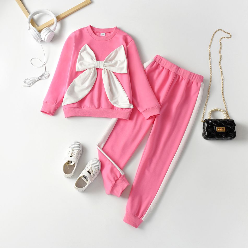 2-piece Kid Girl Big Bowknot Design Sweatshirt and Colorblock Pants Set Pink