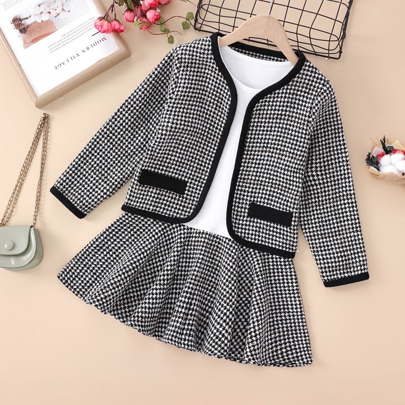 2-piece Kid Girl Houndstooth Cardigan and Long-sleeve Stitching Dress Set Black
