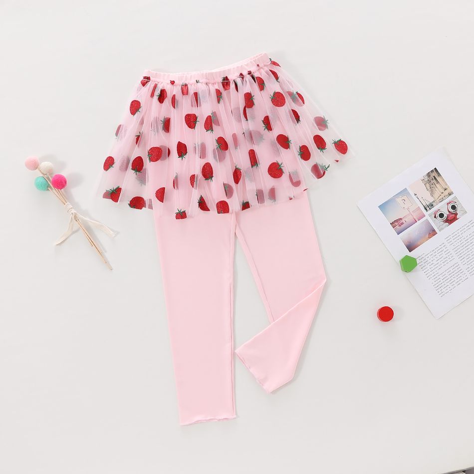 Kid Girl Fruit Strawberry Print Mesh Design Skirt Leggings Pink