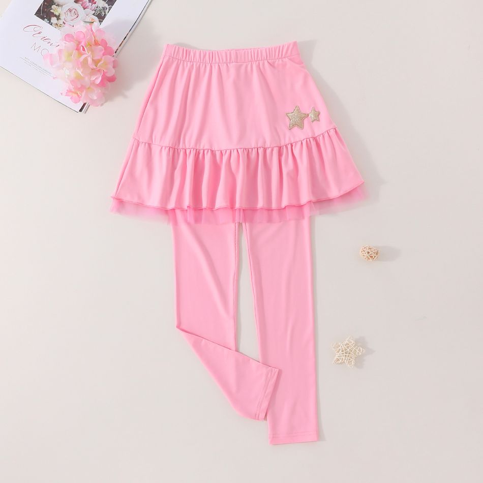 Kid Girl Star Embroidered Ruffled Mesh Design Skirt Leggings Pink big image 1