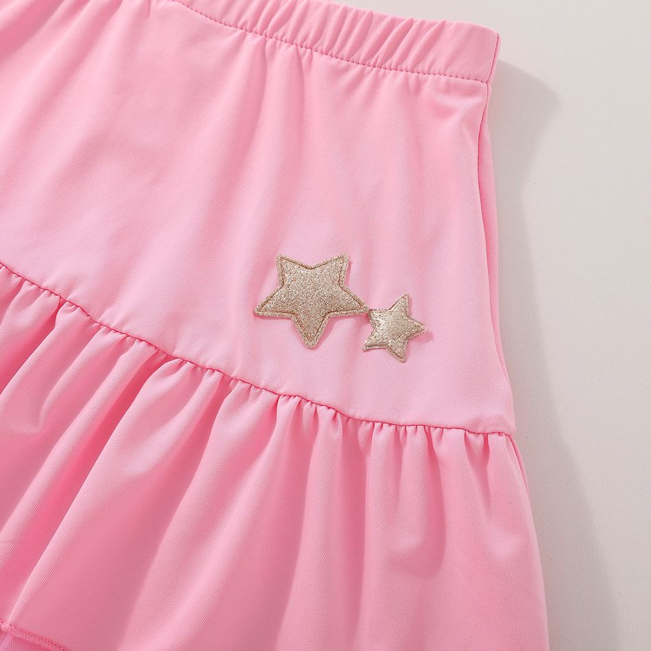 Kid Girl Star Embroidered Ruffled Mesh Design Skirt Leggings Pink big image 4