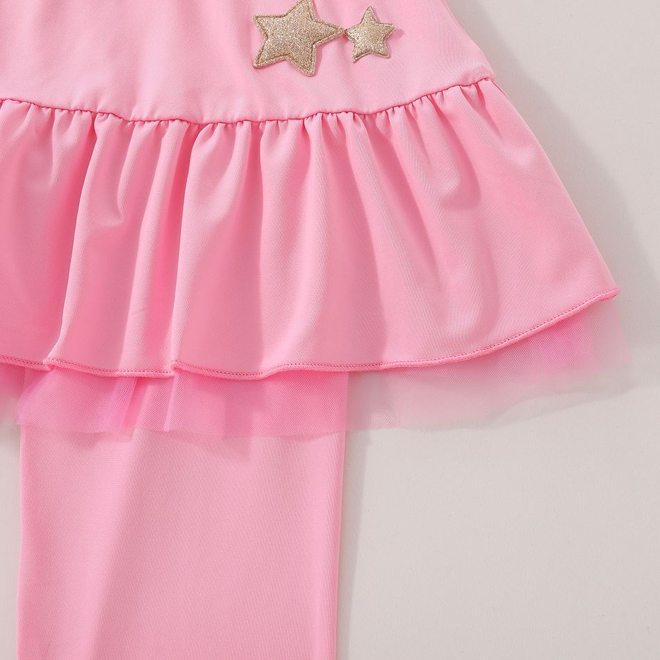 Kid Girl Star Embroidered Ruffled Mesh Design Skirt Leggings Pink big image 5