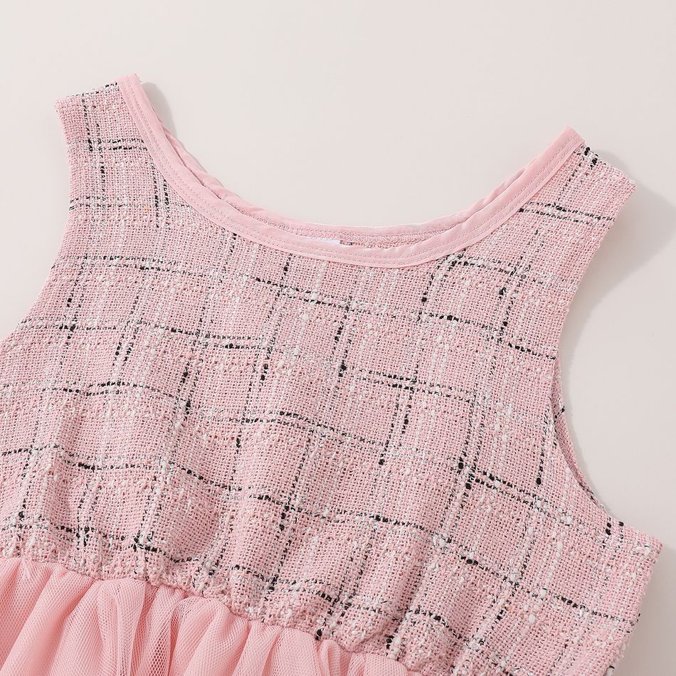2-piece Kid Girl Plaid Tweed Sleeveless Mesh Splice Dress and Cardigan Jacket Set Pink big image 4