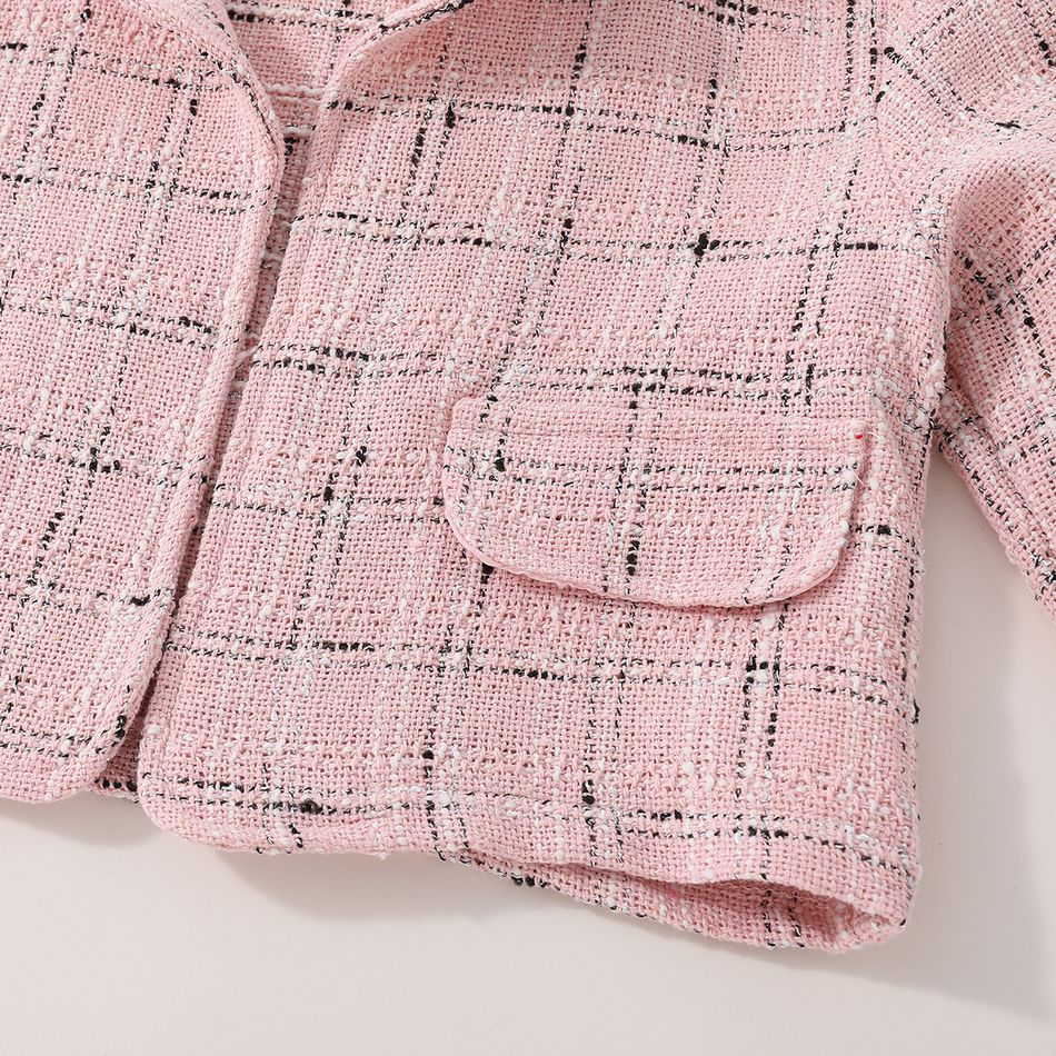 2-piece Kid Girl Plaid Tweed Sleeveless Mesh Splice Dress and Cardigan Jacket Set Pink big image 3