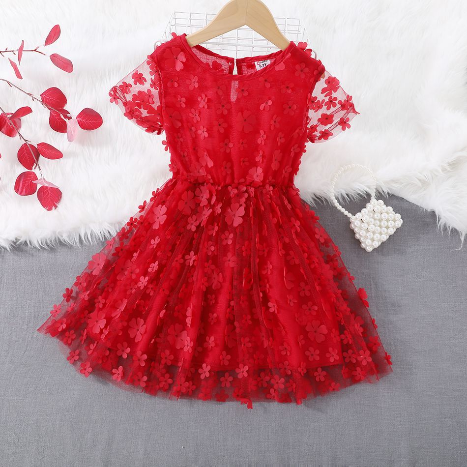 Kid Girl 3d Floral Design Mesh Solid Color Short-sleeve Party Dress Red