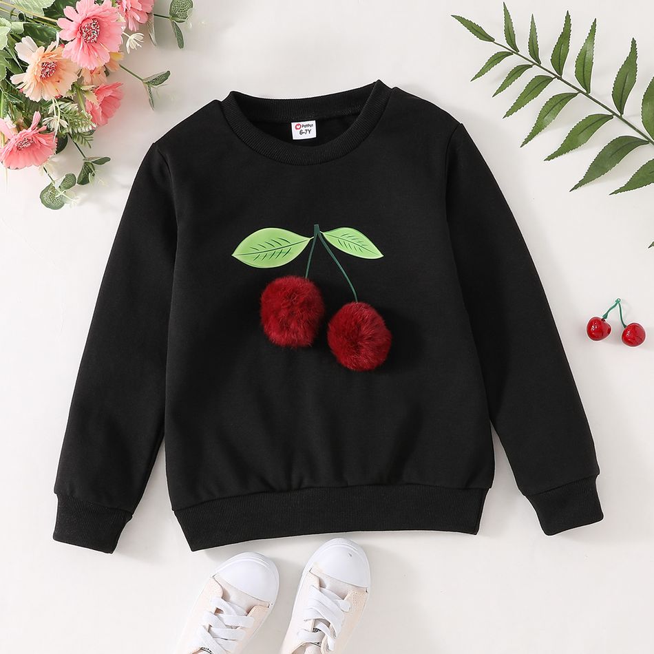 Kid Girl 3D Cherry Pattern Pompom Design Black Sweatshirt Black big image 1