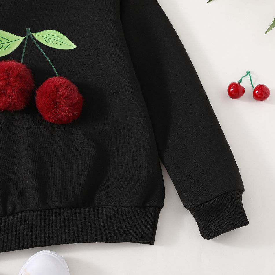 Kid Girl 3D Cherry Pattern Pompom Design Black Sweatshirt Black big image 5