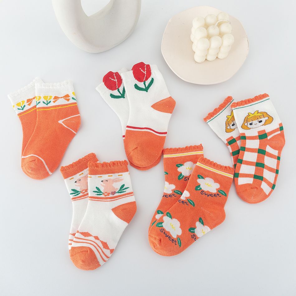 5-pairs Baby / Toddler / Kid Color Block Floral Pattern Socks Multi-color
